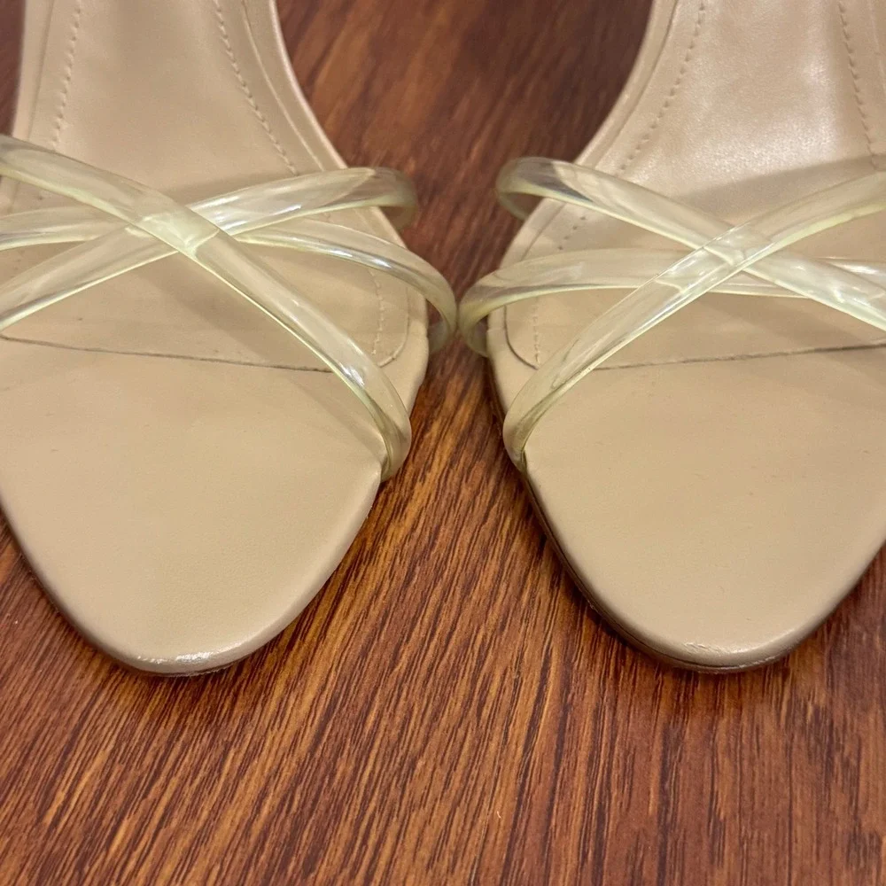 Schutz Strappy Sandal Heels 8B‎ Clear PVC Nude Leather Stiletto Neutral Formal